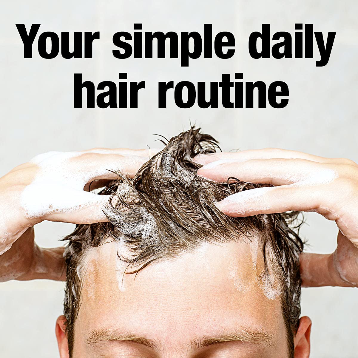 Alpecin Double Effect Shampoo visual: scalp care routine in a bathroom setting.