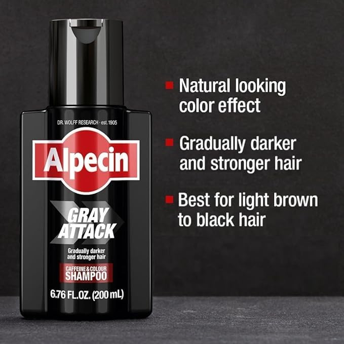 Alpecin Gray Attack applying on scalp to guide gradual gray coverage.