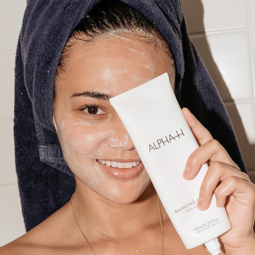 Alpha-H Balancing Cleanser toned skin closeup suggests gentle toning and moisture support