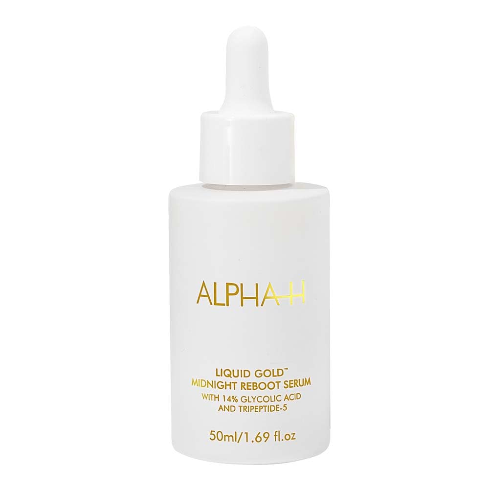 Alpha-H Midnight Reboot Serum bottle close-up for smoothing and brightening skin