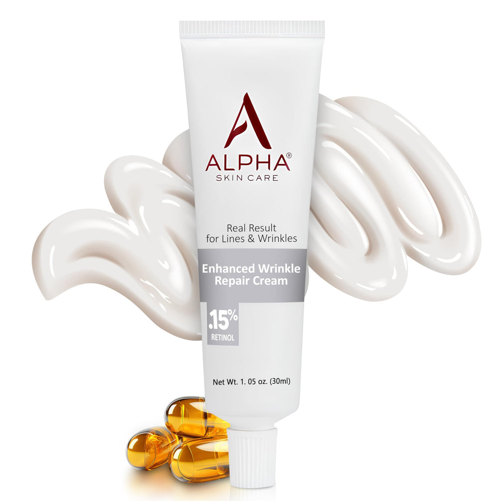 Alpha Skin Care Enhanced Wrinkle Repair Cream jar close-up showing texture for daily use and smooth skin feel