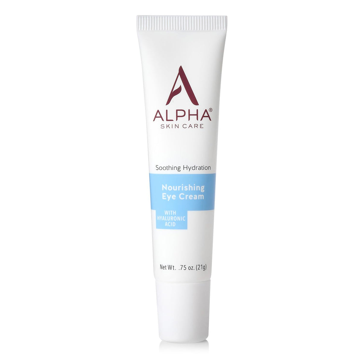 Alpha Skin Care Nourishing Eye Cream with Hyaluronic Acid jar in packaging showing glossy, hydrating formula around the eyes.