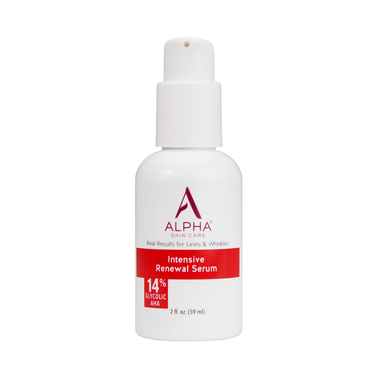 Alpha Renewal Serum bottle showing 14% glycolic AHA for exfoliation and smoother skin