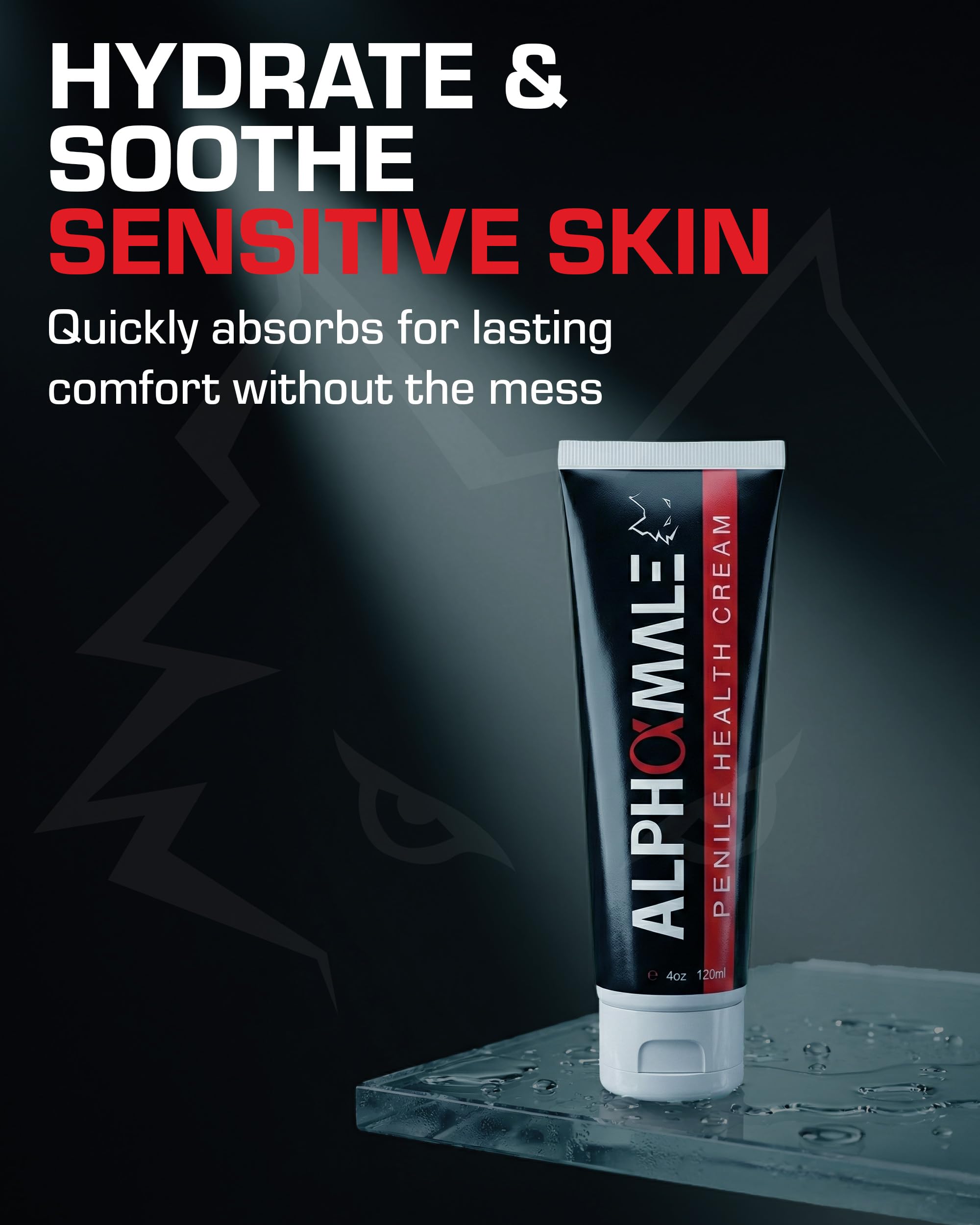 AlphaMale Premium Penile Health Cream close-up texture shows smooth, fast-absorbing cream.