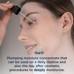 Applying ALPHASCIENCE HA Booster Serum to the cheek for smoothing and hydration.