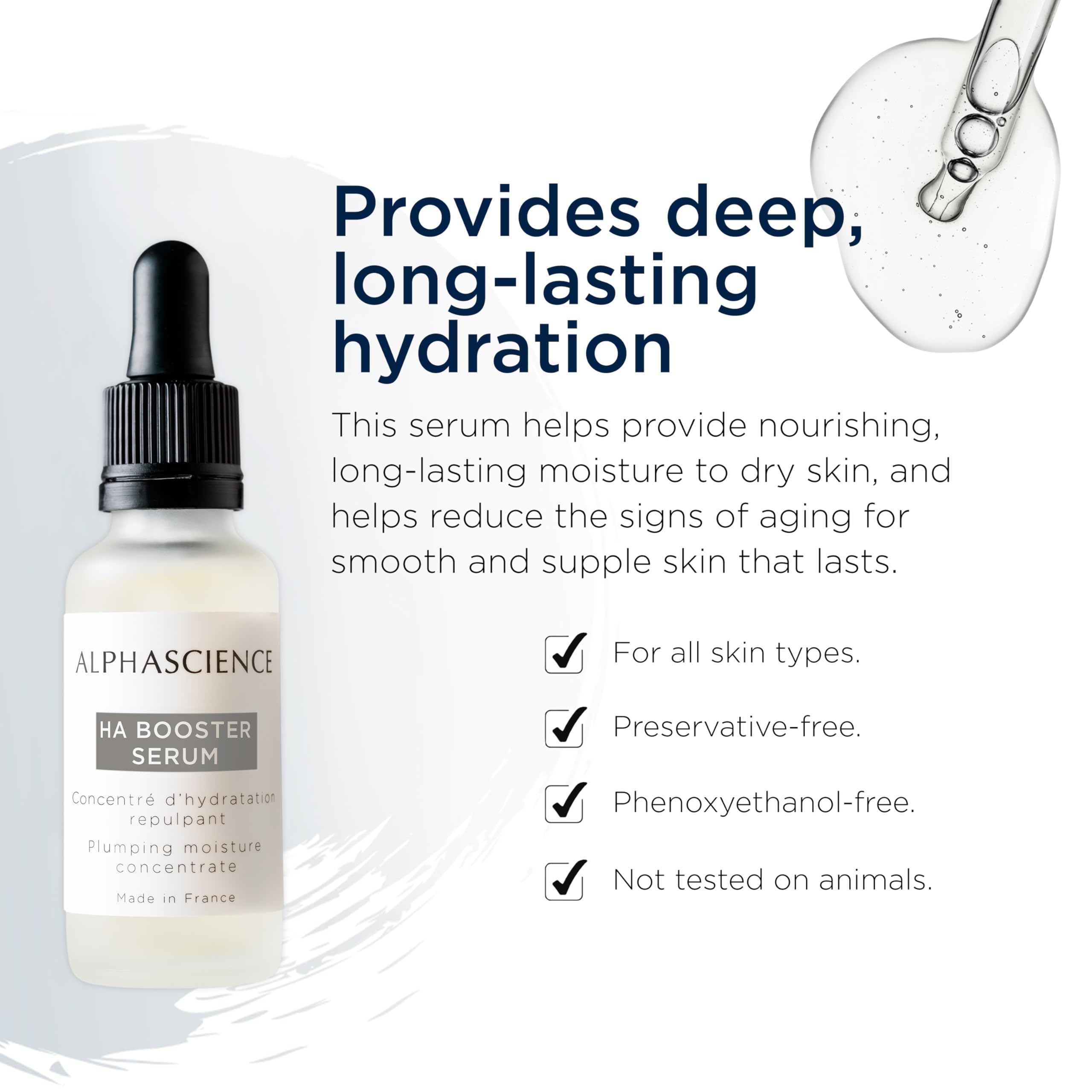 ALPHASCIENCE HA Booster Serum pump dispenser illustrating easy daily moisture application.