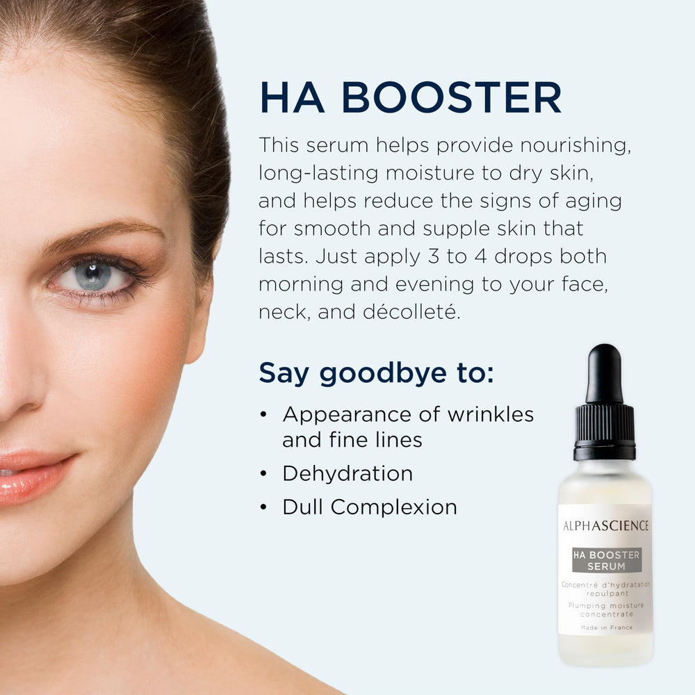 Close-up of ALPHASCIENCE HA Booster Serum texture indicating light, non-greasy hydration.