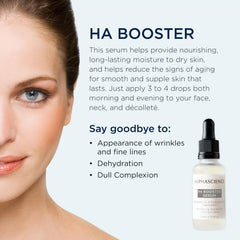 Close-up of ALPHASCIENCE HA Booster Serum texture indicating light, non-greasy hydration.