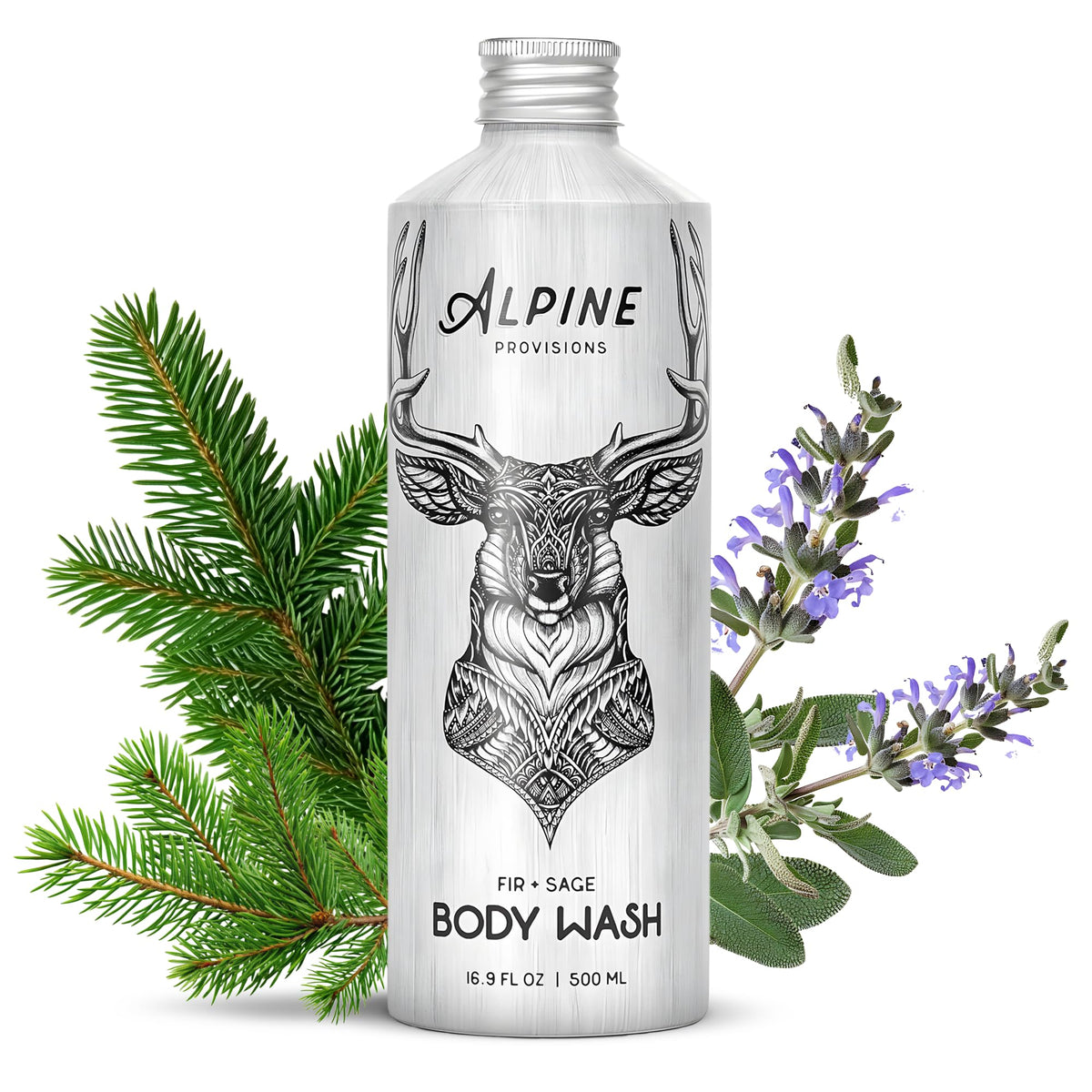 Alpine Provisions Fir & Sage bottle with alpine scent for a refreshing shower