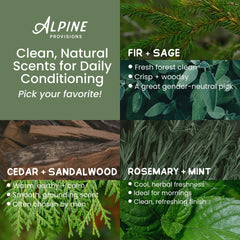 Alpine Provisions cedar-sandalwood fragrance on conditioner bottle.