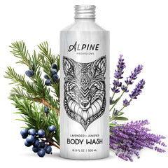 Alpine Provisions Lavender and Juniper bottle for a spa like cleanse after a long day.