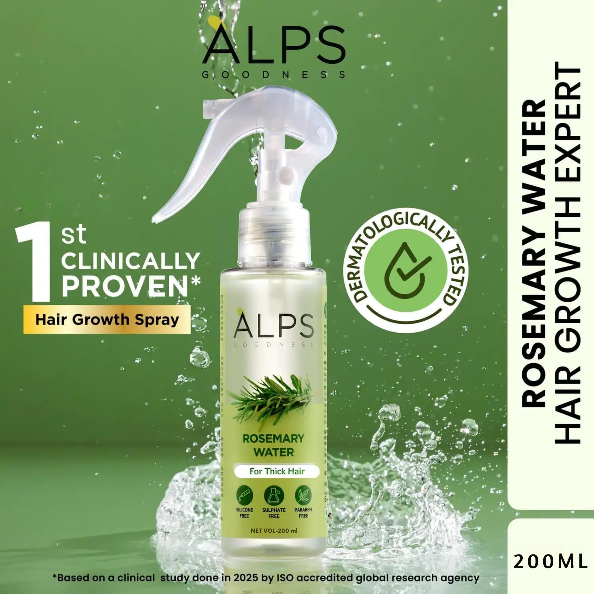 Alps Goodness Rosemary Water Spray mist-dispense ensures even application for shiny, frizz-free hair.