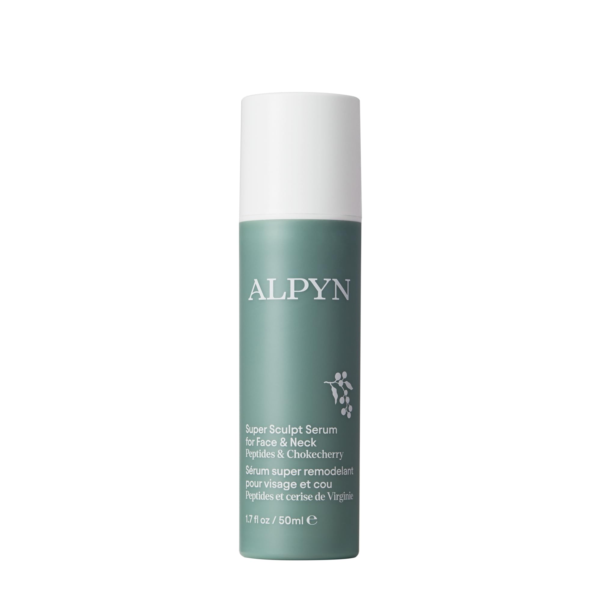 Alpyn Beauty Super Sculpt Serum bottle highlights tri-peptide firming for defined contours.