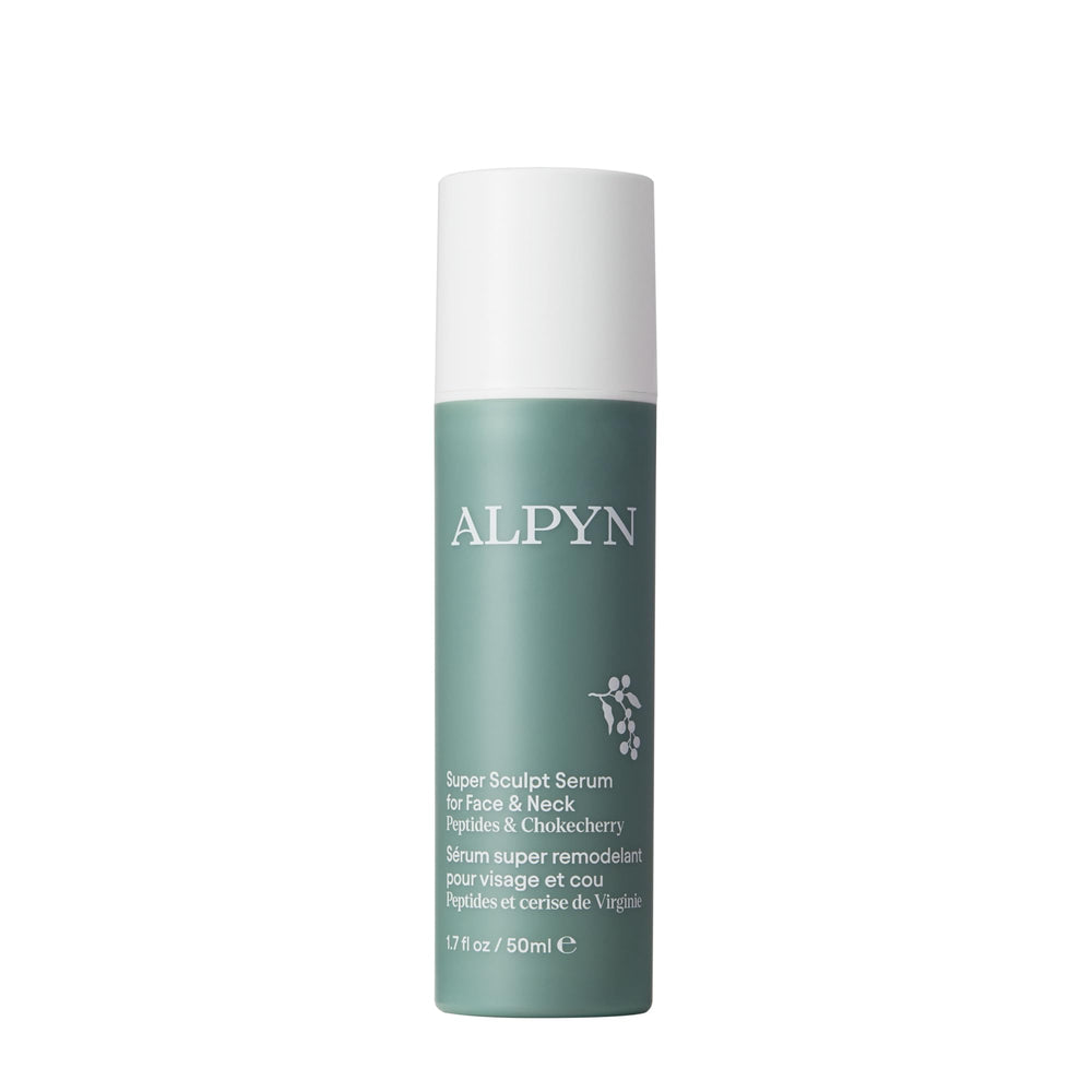 Alpyn Beauty Super Sculpt Serum bottle highlights tri-peptide firming for defined contours.