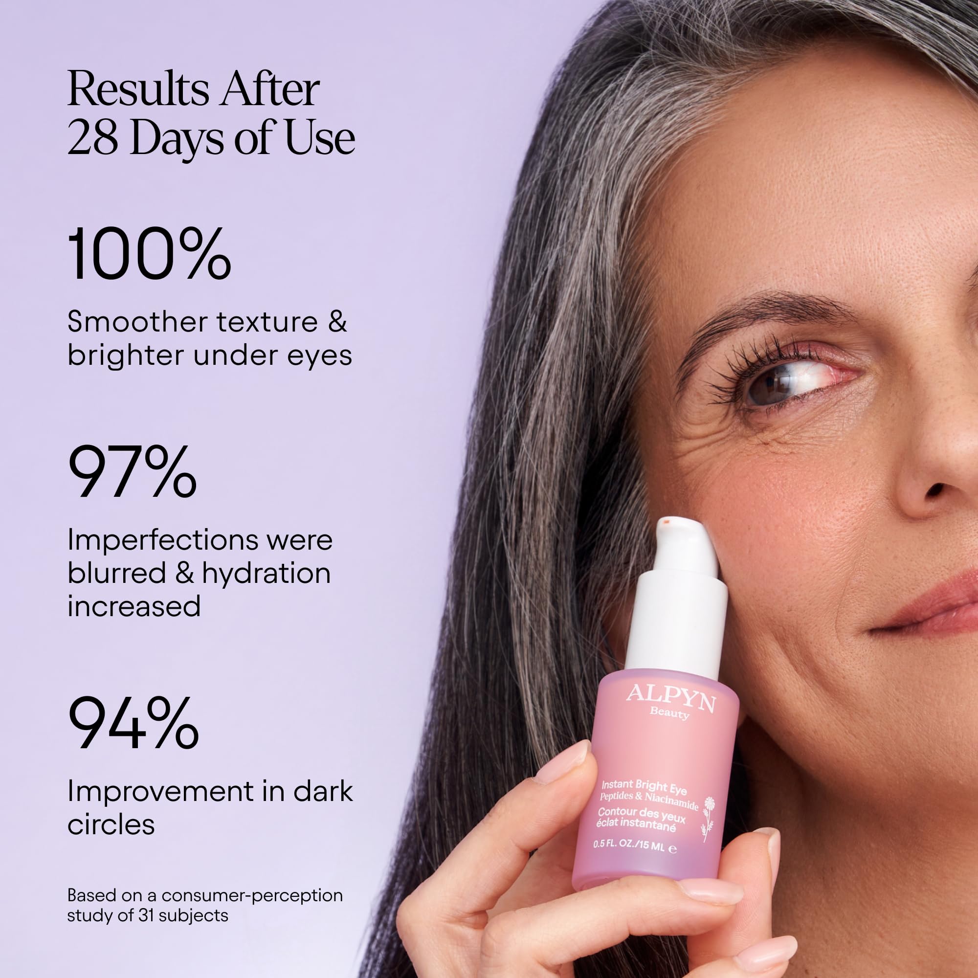 Alpyn Beauty Instant Bright Eye jar close-up showcases the peachy-pink hue for softening dark circles.