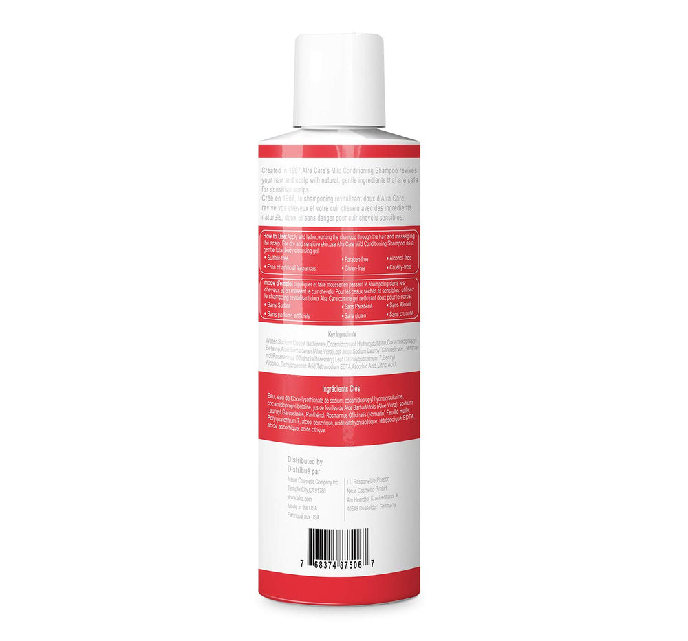 Alra Mild Shampoo label close-up highlighting natural ingredients.