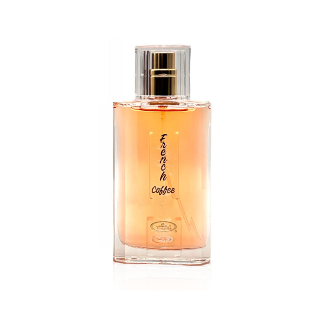 Al-Rehab French Coffee EDP top view emphasizes warm spices and creamy notes.