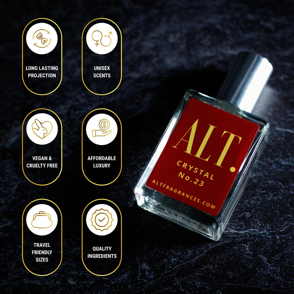 ALT Crystal No. 23 bottle closeup highlights jasmine and saffron notes.