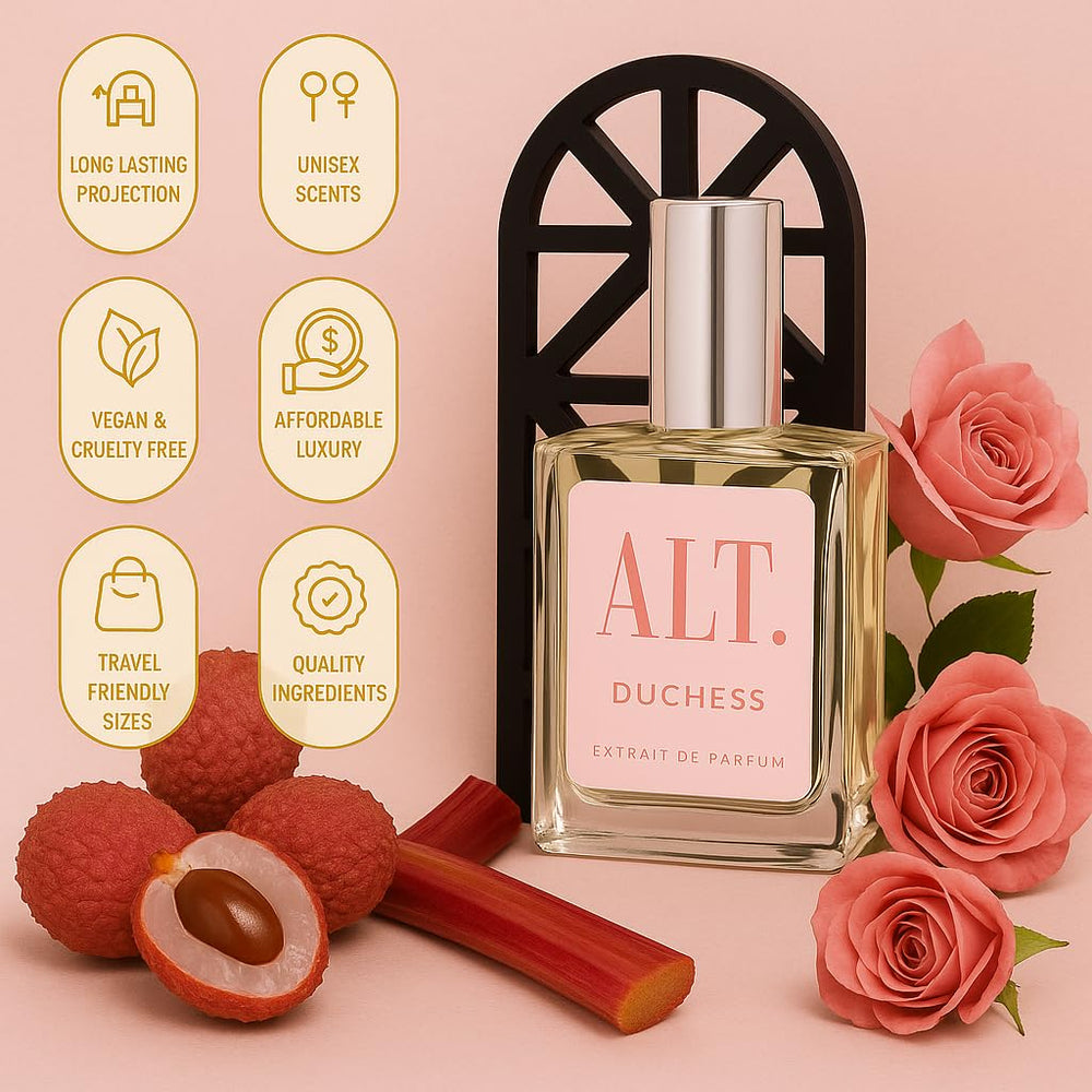 ALT. FRAGRANCES Duchess rose packaging close-up signals feminine elegance.