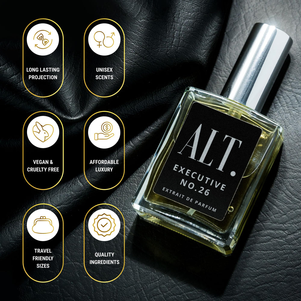 ALT. Fragrances Executive 26 bottle close-up shows refined atomizer and scent clarity