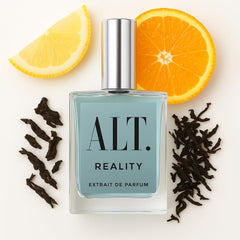 ALT. FRAGRANCES Reality bottle front view with citrus notes for daily confidence.