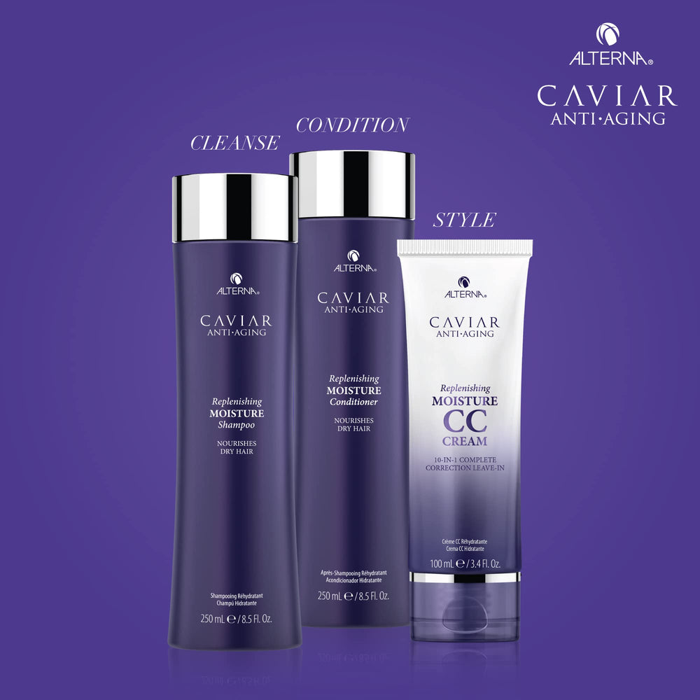 Close-up of Alterna Caviar Anti-Aging bottle highlighting moisture-rich formula.