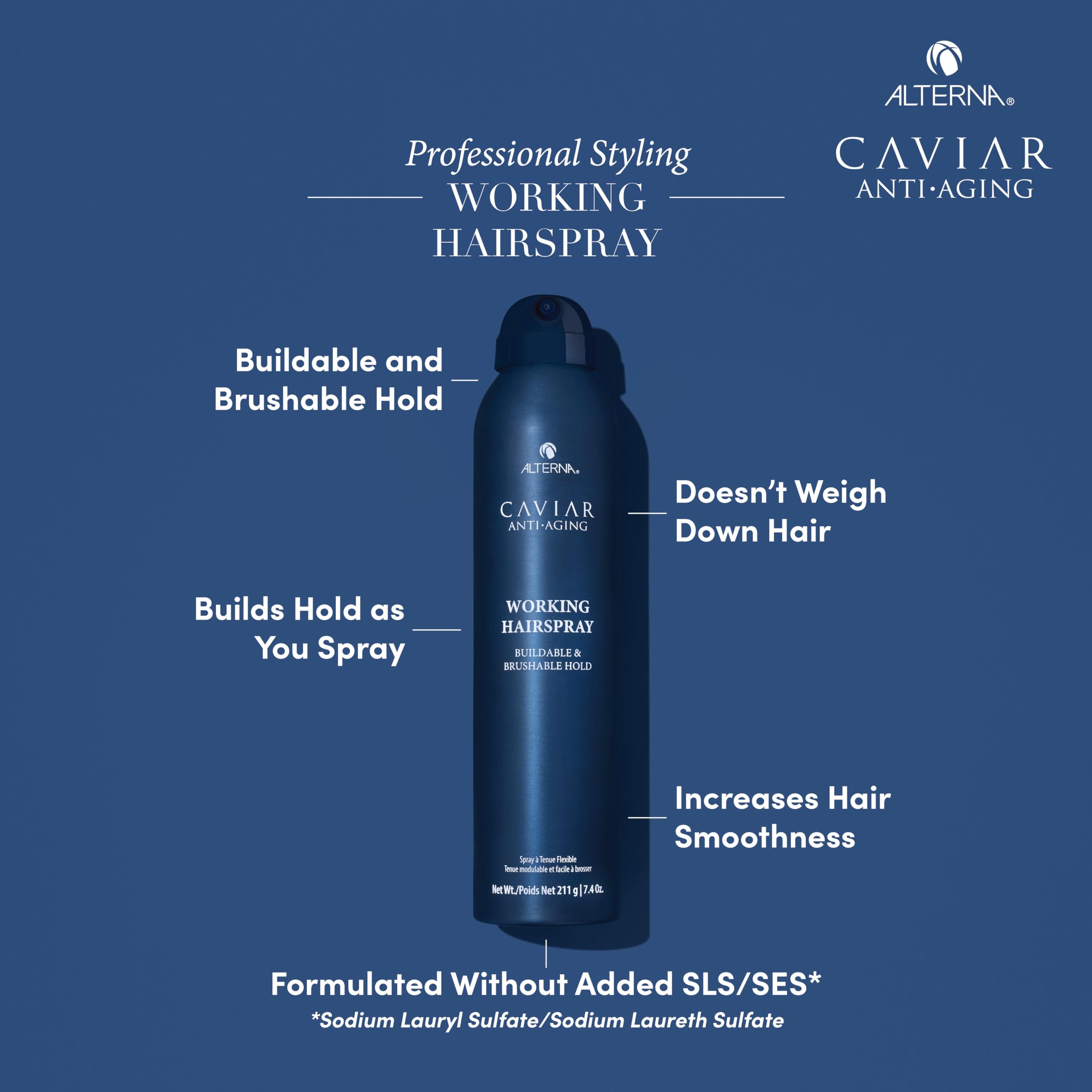 Alterna Caviar Anti-Aging dry-finish spray with light hold for movement.