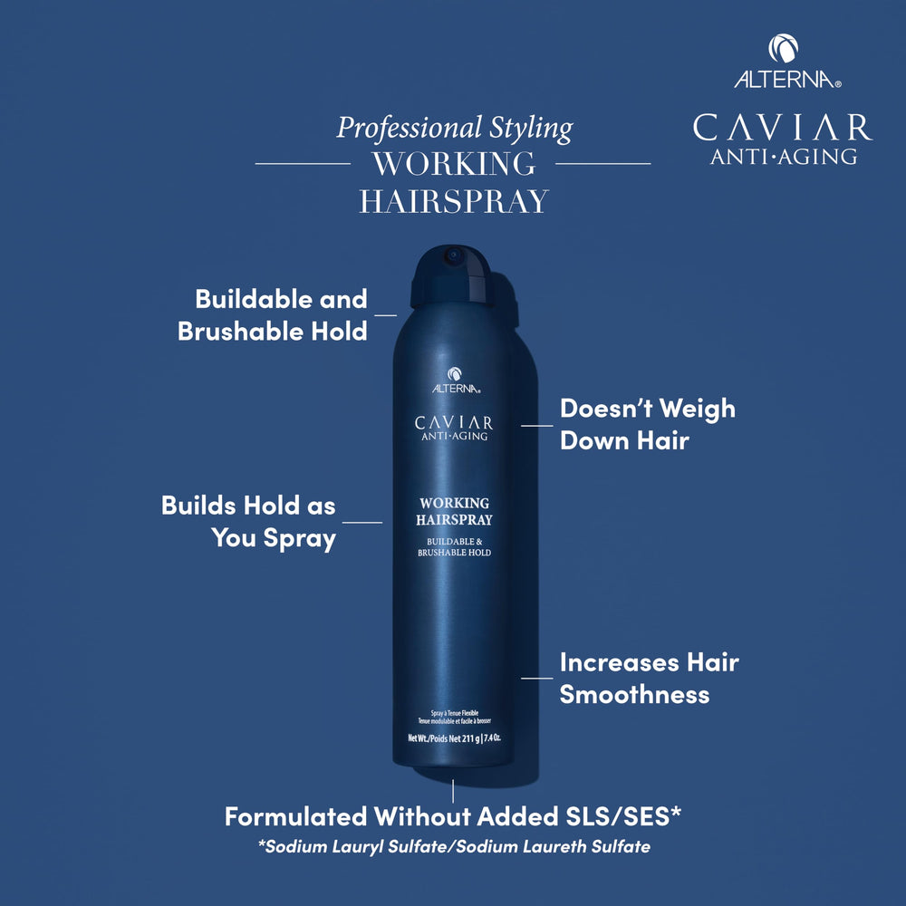 Alterna Caviar Anti-Aging dry-finish spray with light hold for movement.