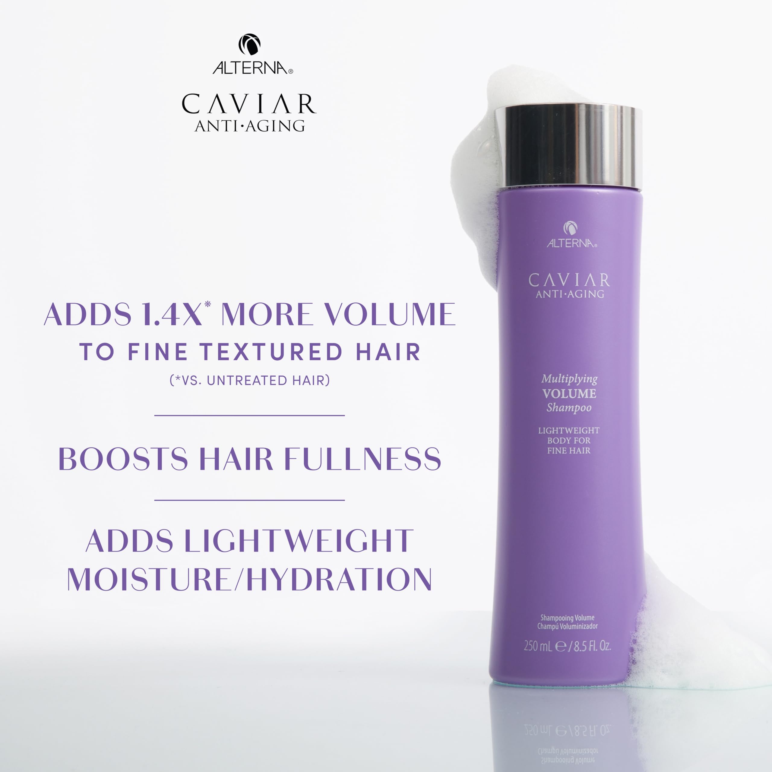 Alterna Caviar Anti-Aging Multiplying Volume Conditioner bottle delivers lightweight moisture.
