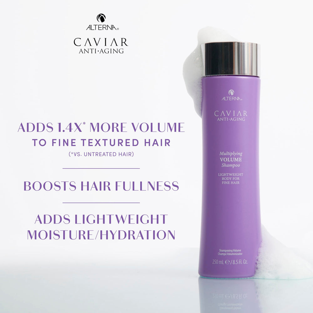 Alterna Caviar Anti-Aging Multiplying Volume Conditioner bottle delivers lightweight moisture.