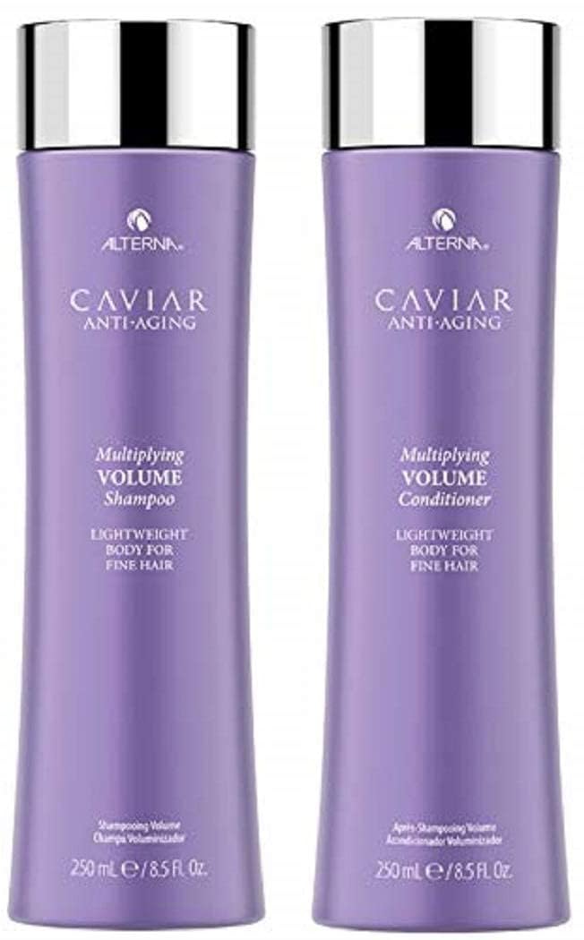 Alterna Caviar Anti-Aging Multiplying Volume Shampoo bottle boosts fullness for fine hair.
