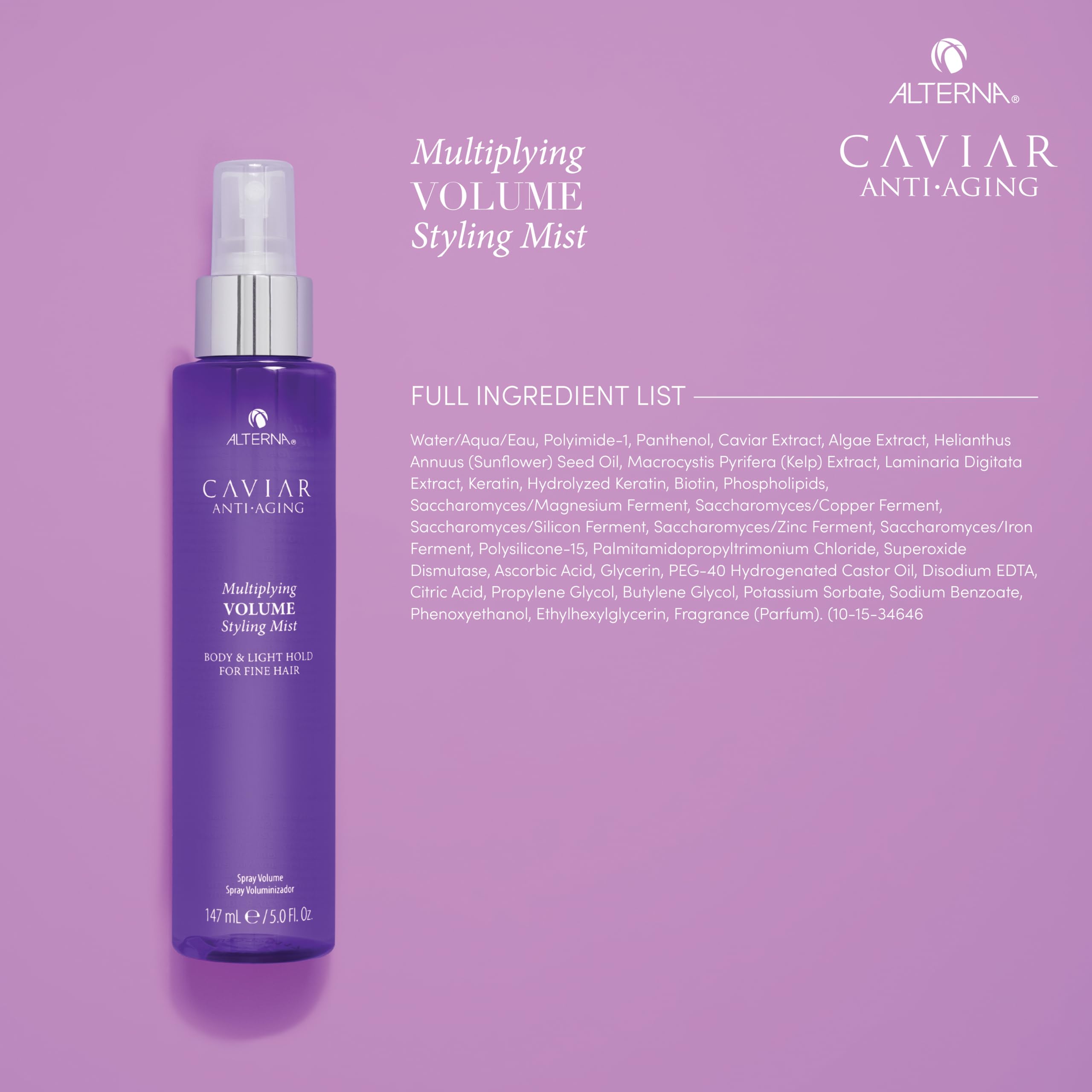 Mist applied to damp hair for added fullness and easier styling with Alterna product.