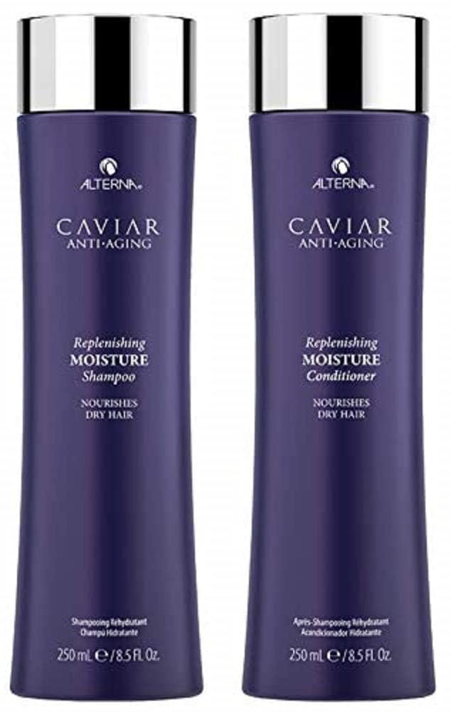 Alterna Caviar Anti-Aging Replenishing Moisture Shampoo bottle delivers hydration for dry hair.