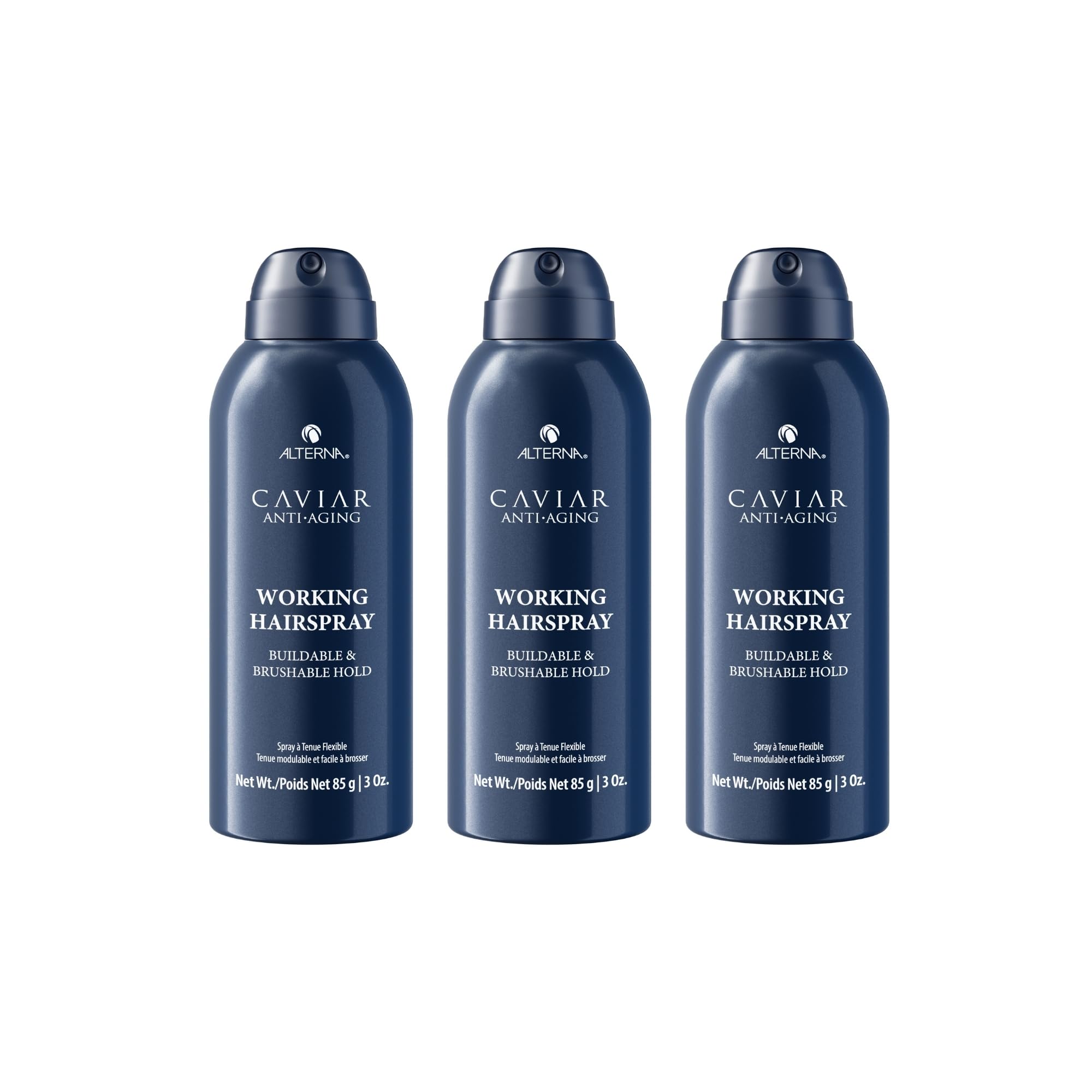 Alterna Caviar Anti-Aging Working Hairspray travel-size bottle for buildable hold and shine