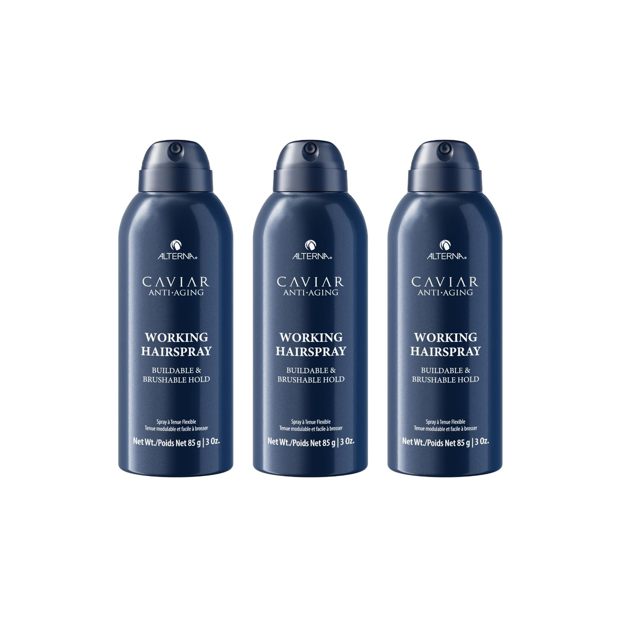 Alterna Caviar Anti-Aging Working Hairspray travel-size bottle for buildable hold and shine