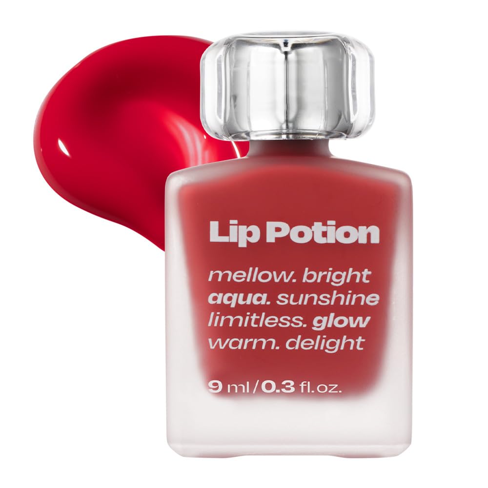 alternativestereo Lip Potion Aqua Glow Apple Drop bottle pour reveals juicy red shine and hydration.