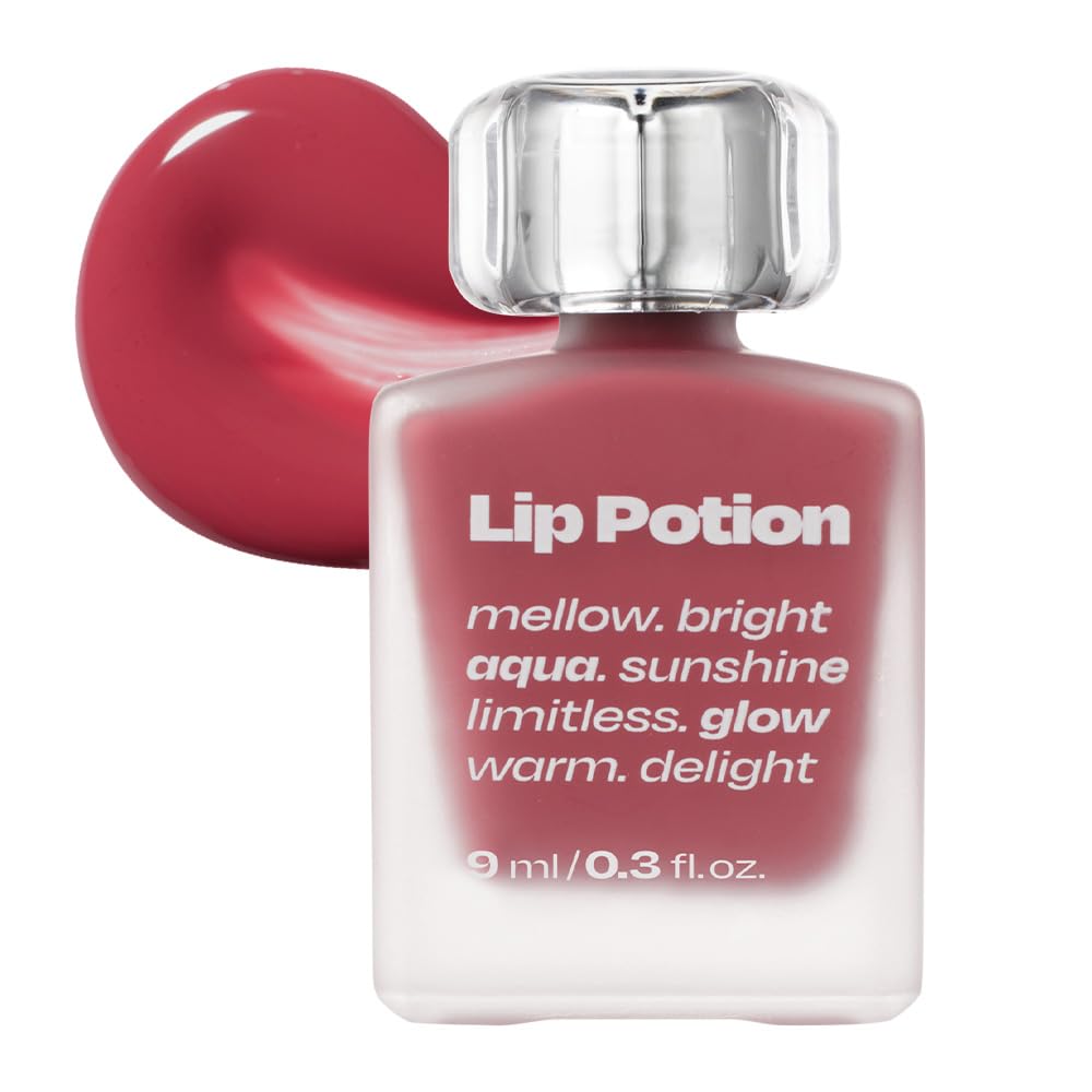 Alternativestereo Lip Potion Aqua Glow No.1 Lemon Balm bottle swatch showing fresh tint and hydration.