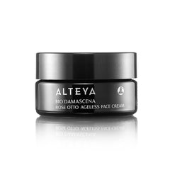 Alteya Organics face cream bottle showing rich hydration with Bulgarian rose oil.