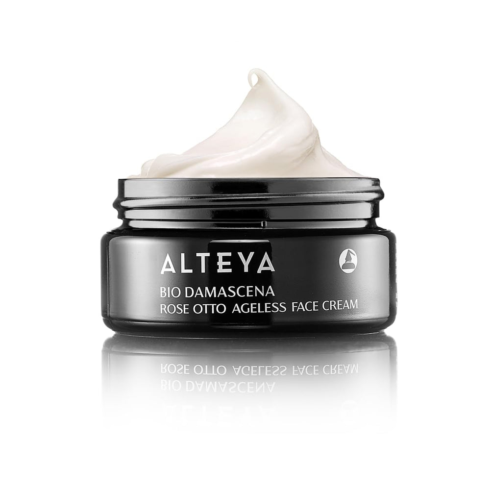 Alteya Organics face cream jar closeup highlighting anti-aging and restoring benefits.