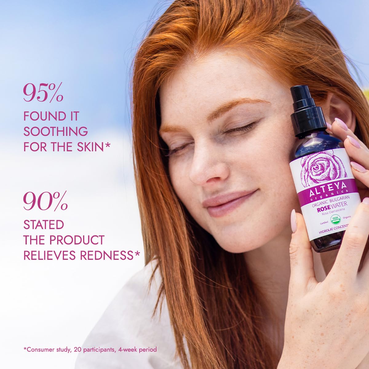 Alteya Rose Water mist applied to the face provides gentle hydration.