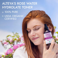 Alteya Rose Water label close-up shows USDA Organic certification and purity.