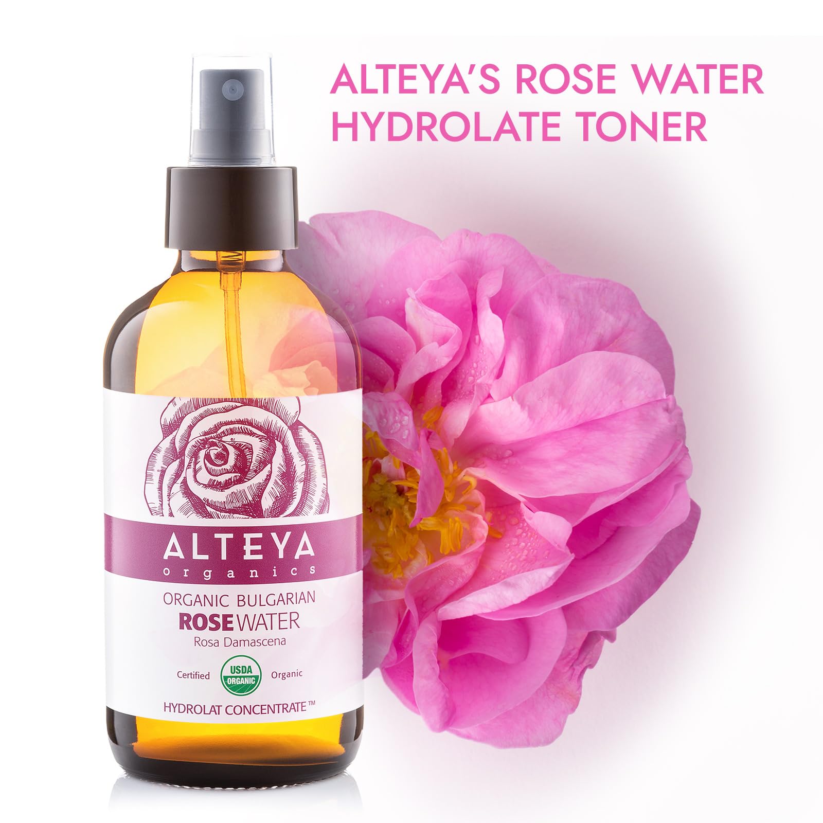 Alteya Organics Rosa Damascena petals close-up highlighting skin purity.