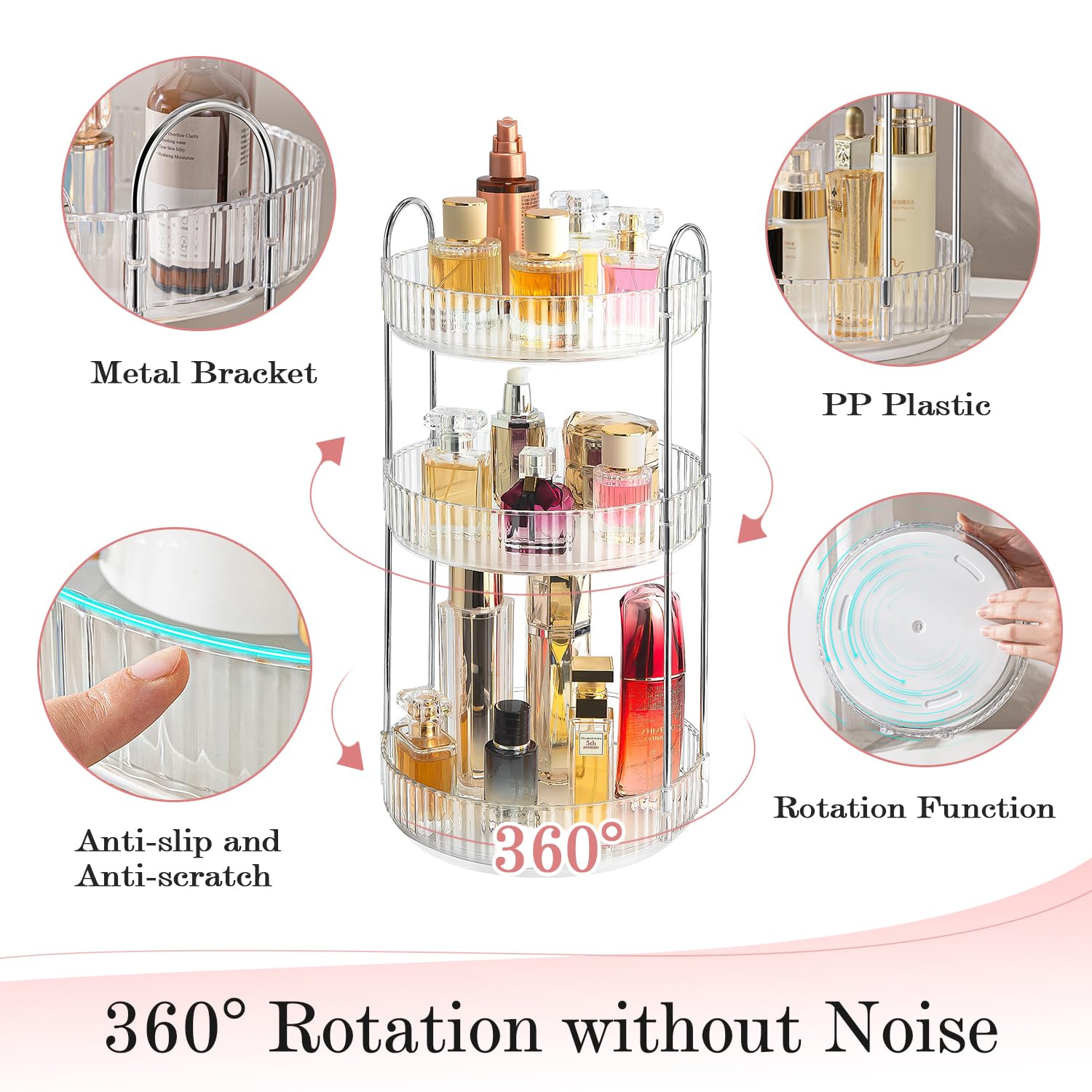 ALUYUYO rotating organizer side view highlights sturdy gold racks for heavy items.