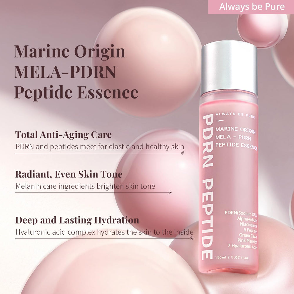 Close-up of Always Be Pure label highlighting salmon DNA and PDRN peptides for renewal support.