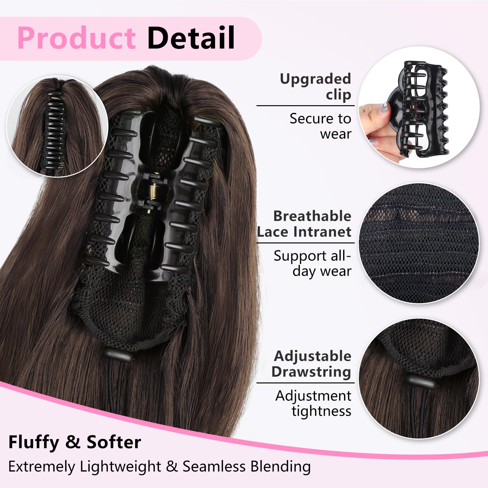 ALXNAN dark chocolate brown ponytail added to hair for fuller look.
