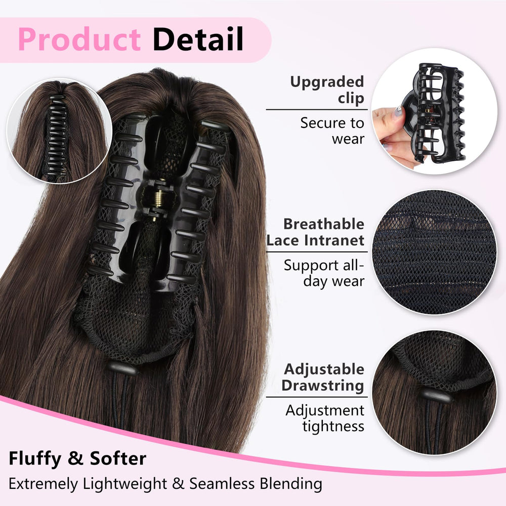 ALXNAN dark chocolate brown ponytail added to hair for fuller look.