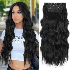 ALXNAN clip-in long wavy extension 24-inch pack front view adds instant fullness.