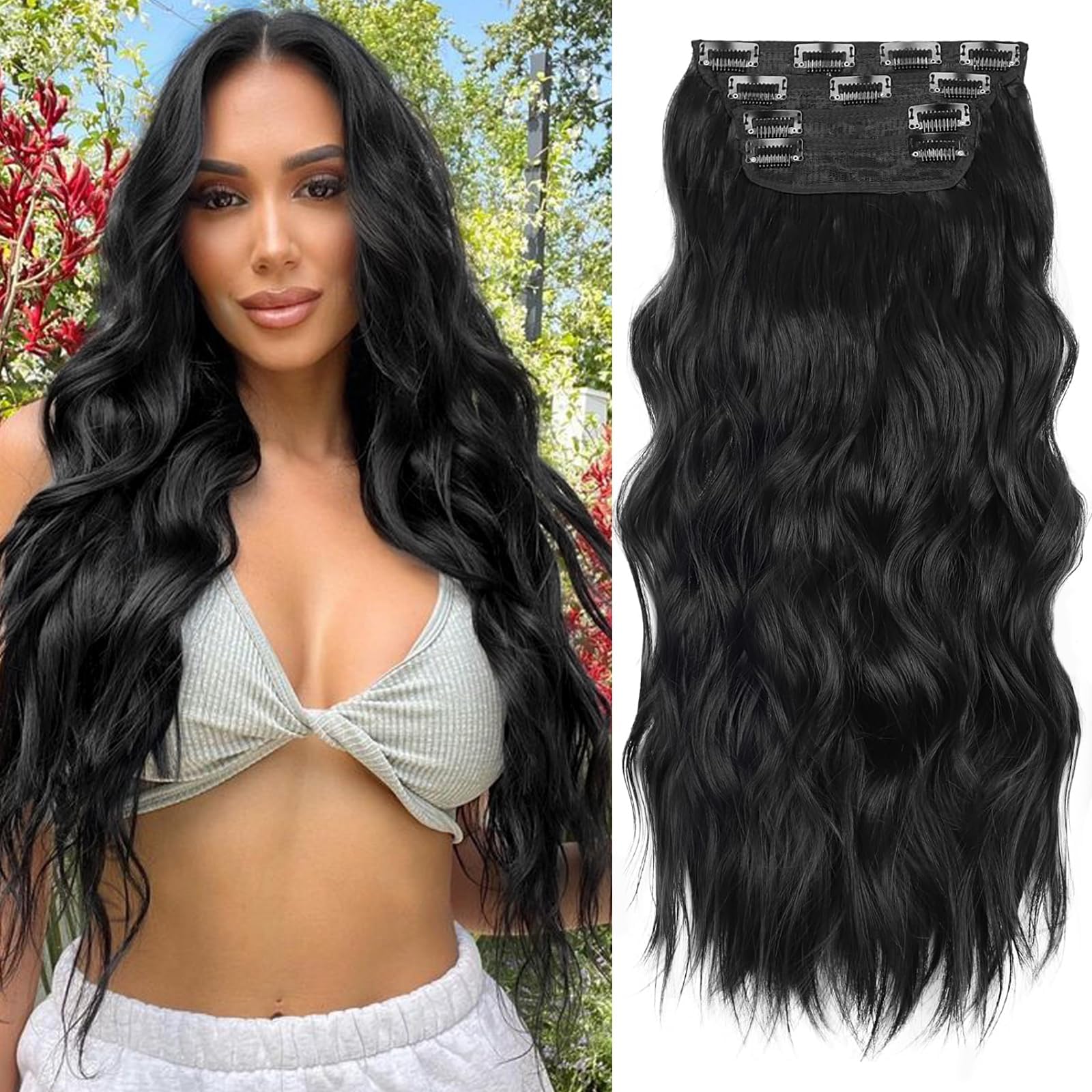 ALXNAN clip-in long wavy extension side view demonstrates natural movement.