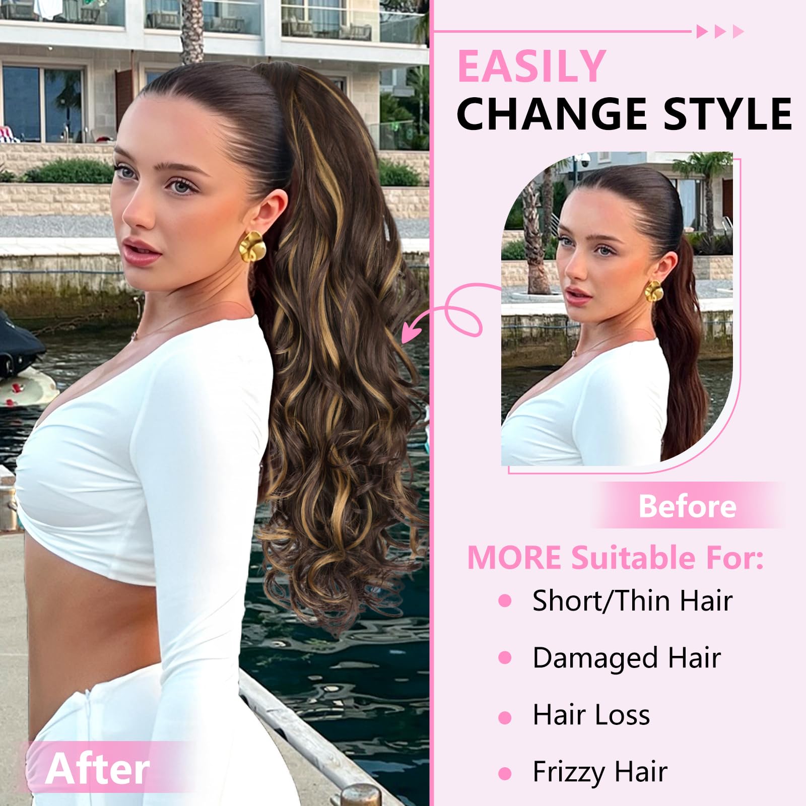 ALXNAN ponytail extension clip-in secures at roots for quick styling.