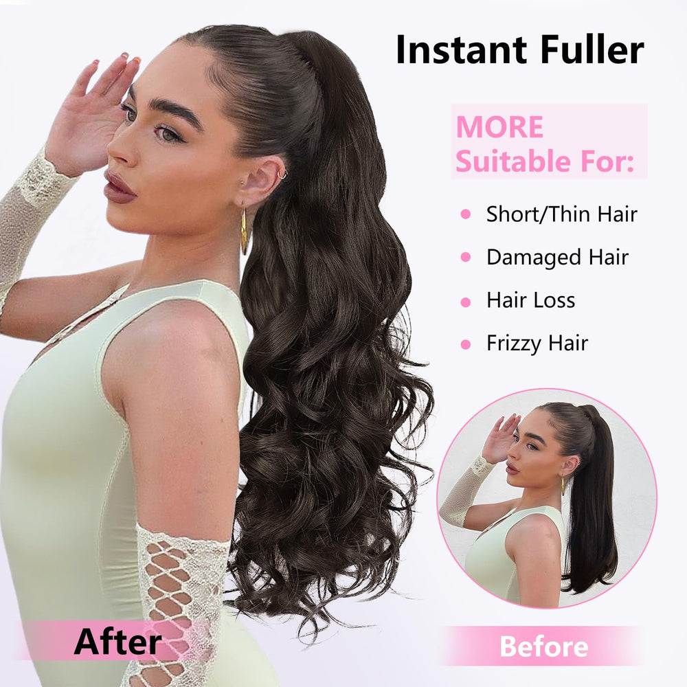 ALXNAN long curly wavy ponytail blends with natural hair.